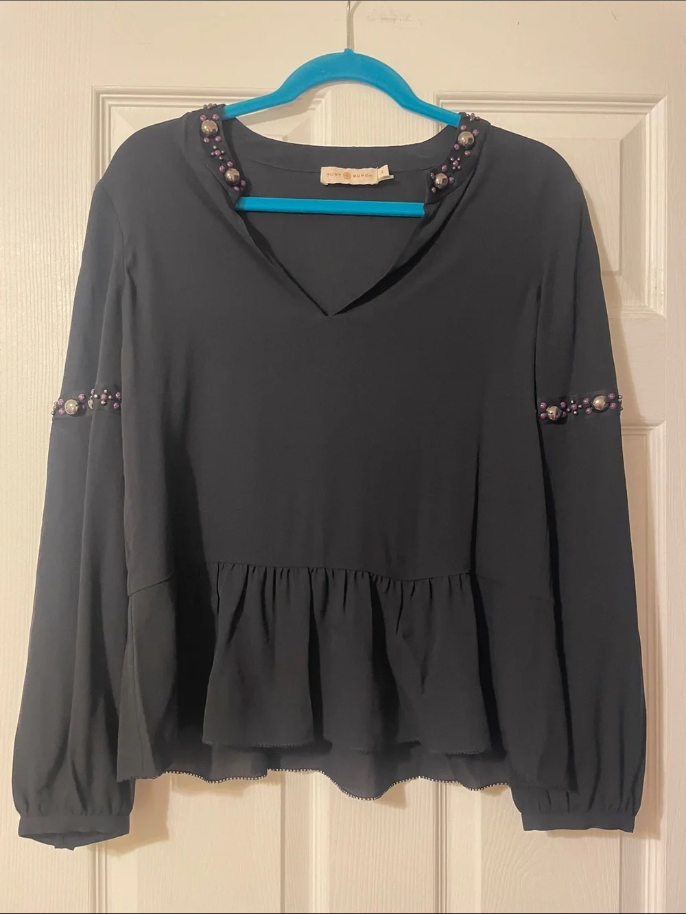 Tory Burch Black Peplum Blouse with Beaded Trim